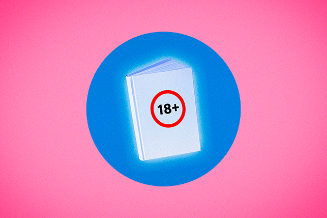 white book reading "18+" in red circle on cover in blue circle on pink background