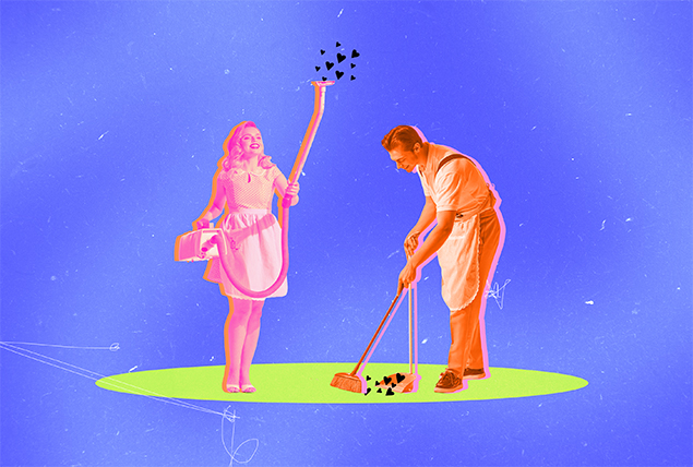 pink woman in apron vacuums hearts out of the air as orange man in apron sweeps hearts into dustpan on blue background