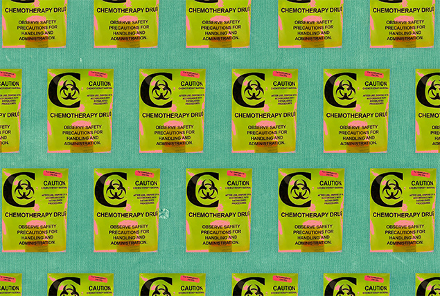 green chemotherapy IV bags on mint background
