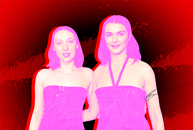 Rachel Weitz and Kitty Hawthorne with pink tint on red marbled background