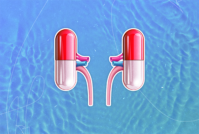 Two diuretic pills have valves coming out from the middle of them and turning downward.