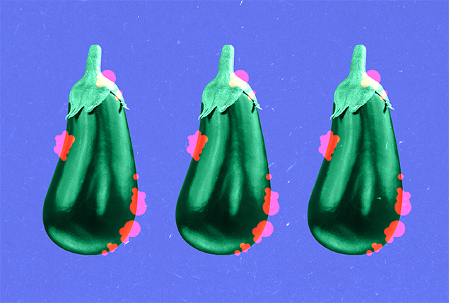 three green eggplants with red spots on a purple background