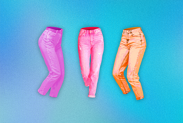 Three pairs of high-waited pants are in a row against a teal background.