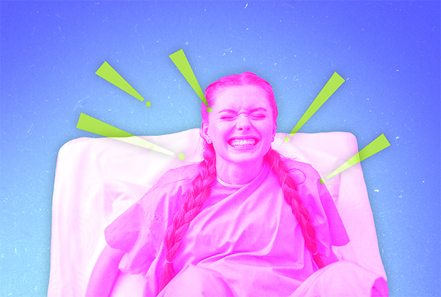 woman with pink tint in hospital bed pushes in childbirth, her face in pain as green exclamation points surround her on a blue background