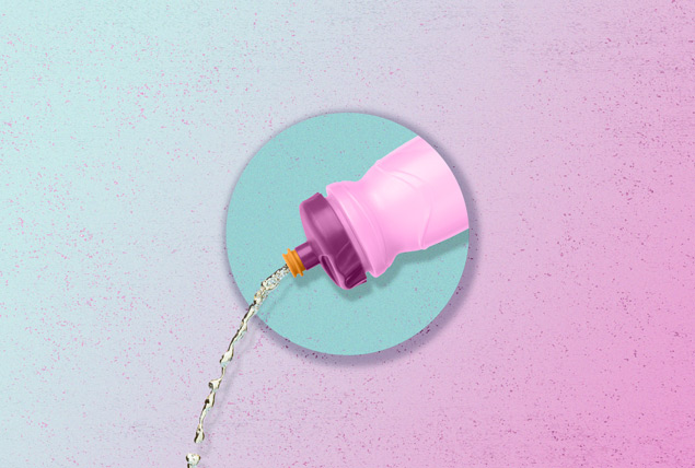 A water bottle pours urine downward out of teal hole against a pink and teal gradient background.