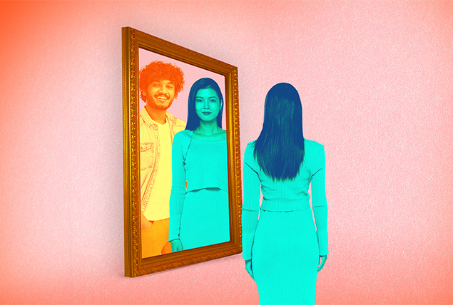 woman with teal tint stand in front of mirror with her reflection and man with orange tint on peach background