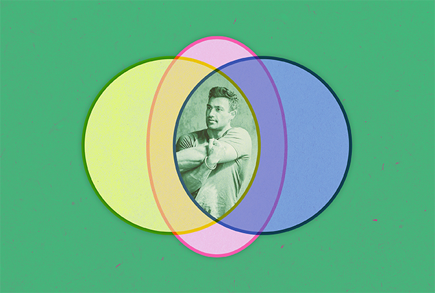 man stretches out his arm in the center of yellow, orange and blue circles on green background