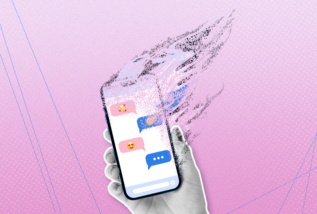 hand holding smartphone as it disappears into dust on pink background