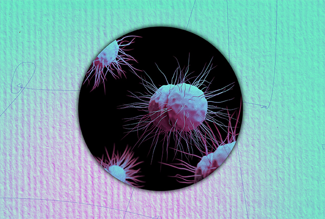 Purple and teal virus cells are inside of a black circle against a purple and teal background.