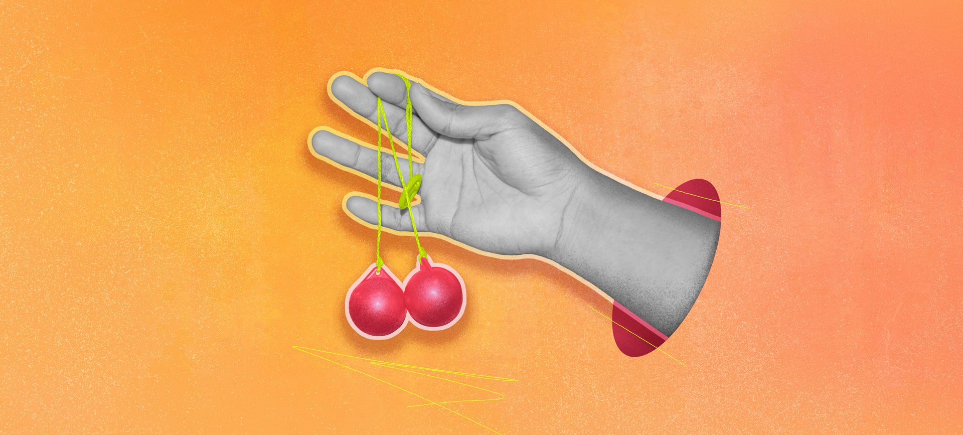 A hand dangles two cherries on a stem as it comes out of a hole in an orange background.