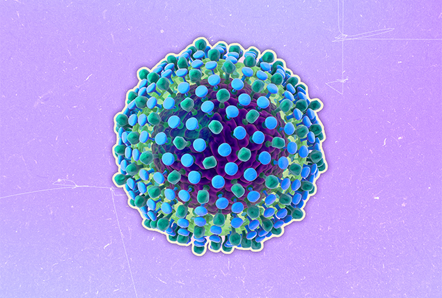 A teal and blue hepatitis virus cell is against a cloudy lavender background.