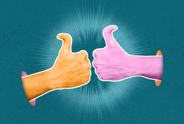 An orange hand and a pink hand make a thumbs-up gesture while bumping together.