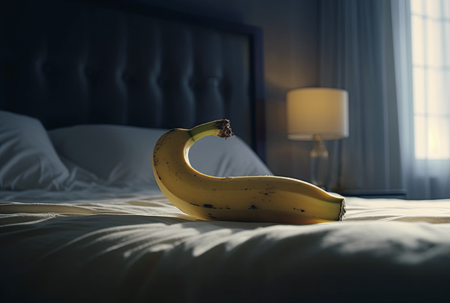 A curved banana sits on top of a bed.