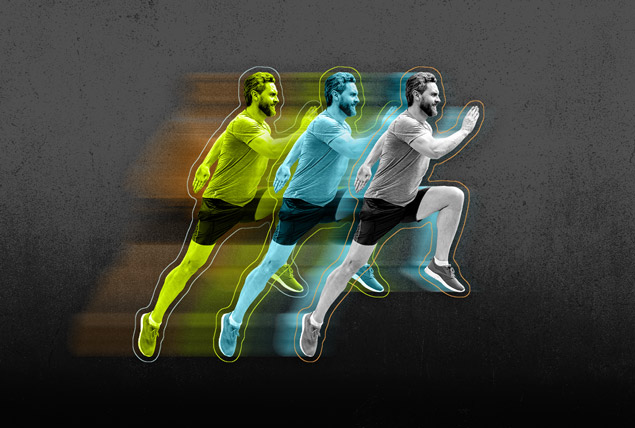 A teal running man is between yellow and white versions of the same photo against a gradient grey background.