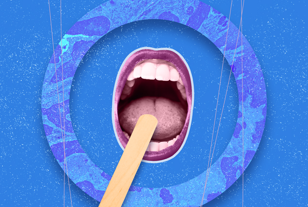 open mouth says "Ahh" with popsicle stick on blue background 