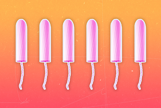 Six pink tampons are lined up in a row against an orange and yellow gradient background.