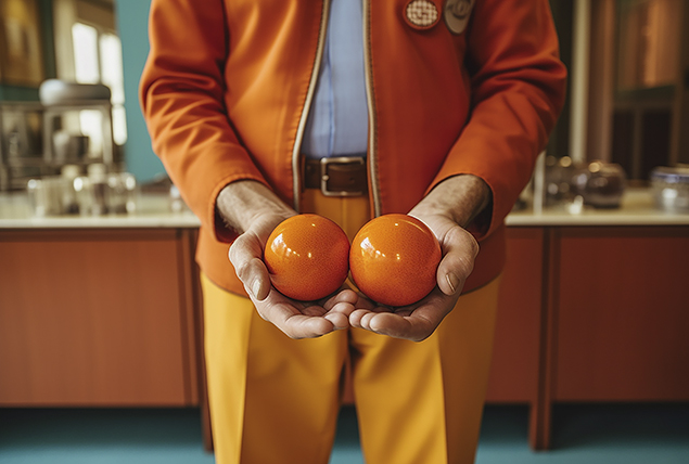 A man holds two oranges near his pelvic region.