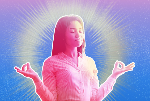 woman with pink tint sits in meditation pose with white halo around her with purple and blue marbled background