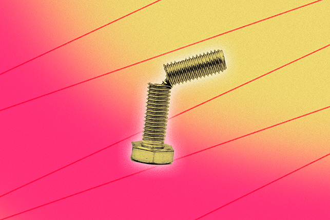A broken screw is bent over against a yellow and pink background.