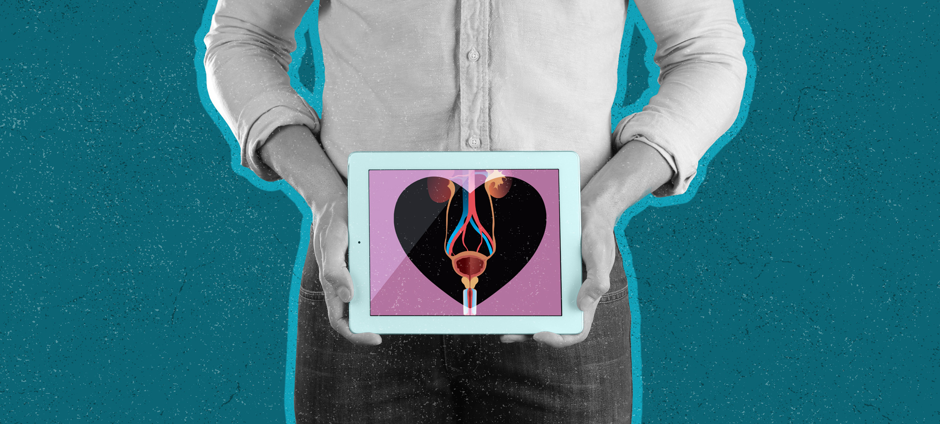 man holds tablet with prostate gland system in pink on teal border