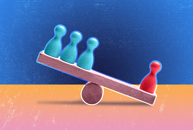red pawn piece on the low side of a seesaw and three blue pawn pieces on the high side of seesaw on blue background
