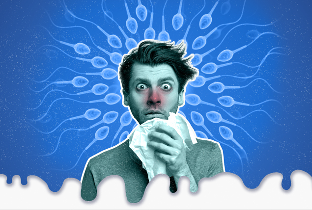 man holds tissue to his red nose with a halo of sperm on blue background