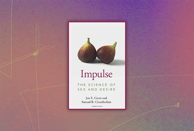 'Impulse' white book cover with chestnuts on pink and purple marbled background with green scribbles
