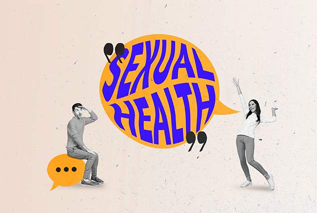 man sits on orange text bubble and looks surprised. woman strikes a pose with large speech bubble saying "Sexual Health' with big quotation marks