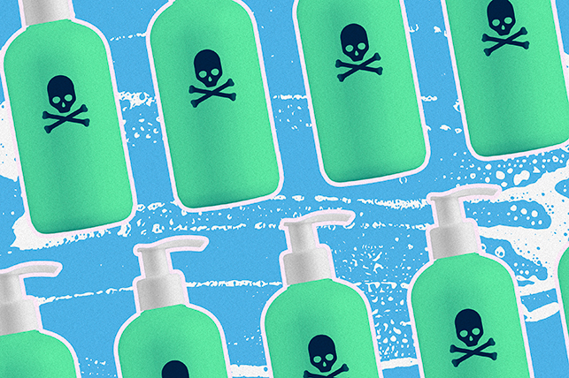 A pattern of green shampoo bottles have a poison symbol on them against a blue and white soapy background.