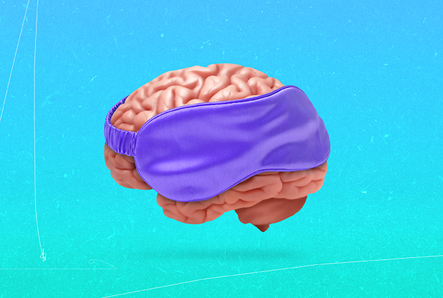 brain wearing purple satin sleep mask on blue background