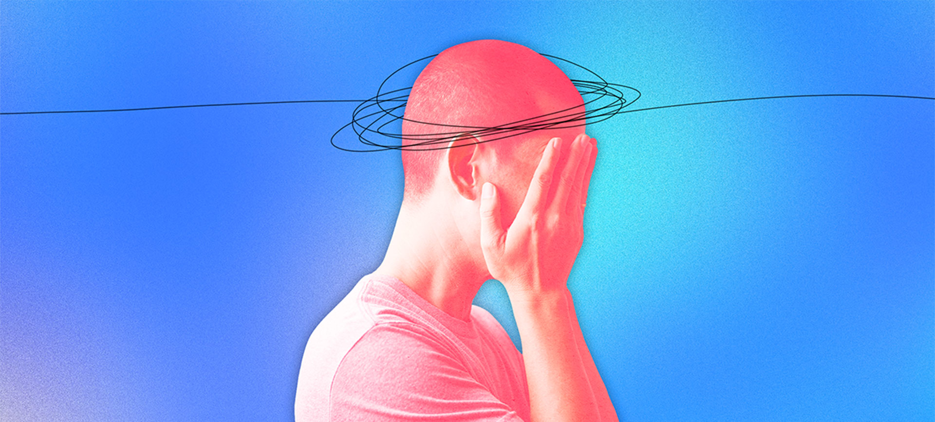 man with pink tint covers face with hands with scribbled circles around his head on blue background