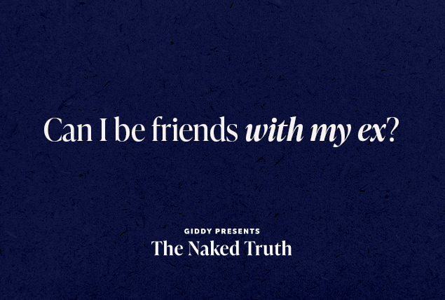 'Can I be friend with my Ex?' in white lettering on navy blue background