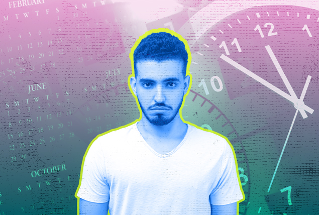 man with blue tint looks upset with calendar and clock hands marbled background