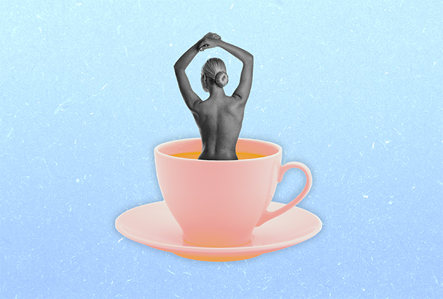 grayscale woman stands in pink coffee cup with arms raised on light blue background