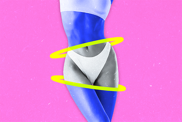woman in bikini with blue tint with two circles around her with pelvic region in white on pink background