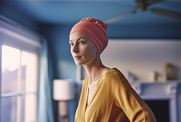 woman in orange head scarf and yellow shirt stands in a living room and looks out the window
