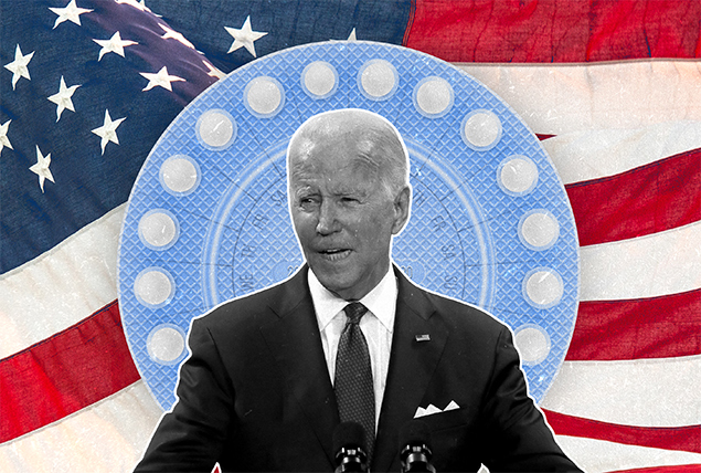 President Biden in grayscale in front of blue birth control pill package on American flag background