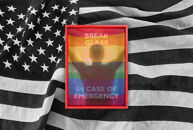 silhouette of person behind rainbow 'break glass in case of emergency' glass on grayscale American flag