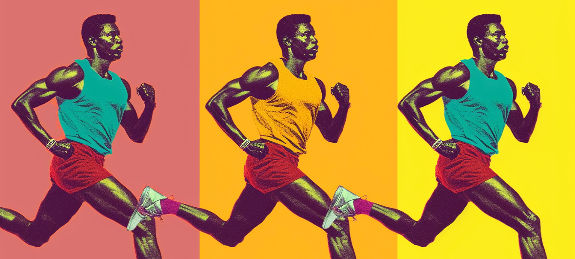 three men in exercise clothes jog on yellow, orange and pink backgrounds