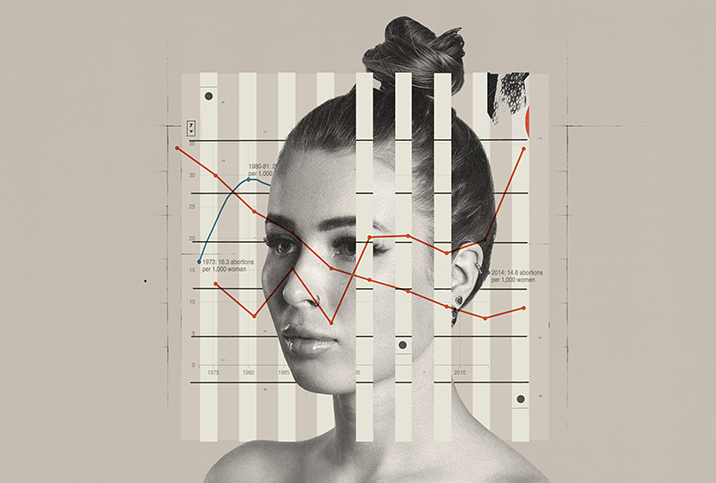 A chart overlaps a portrait of a woman with a bun atop her head.