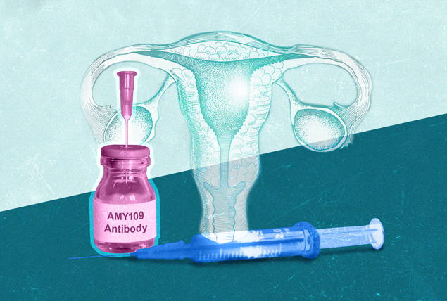 pink antibody vile, blue syringe in front of light blue uterine system on mint and dark teal background
