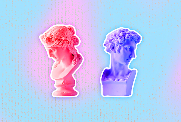 pink marble bust looking down next to blue marble bust looking to the right on light blue and pink marbled background
