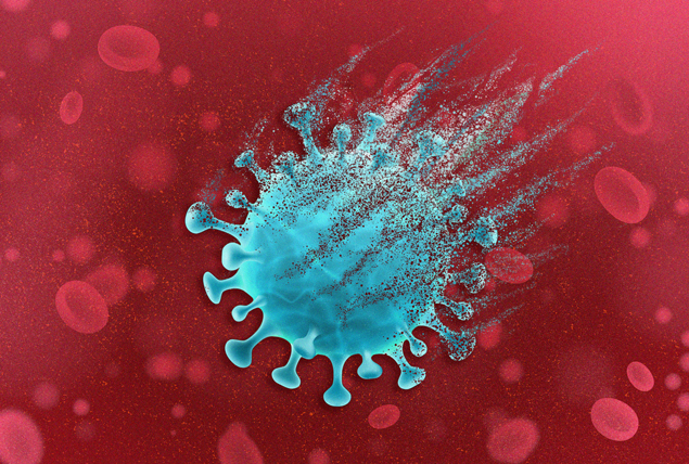 teal AIDS virus dissolving into particles on red blood bell background