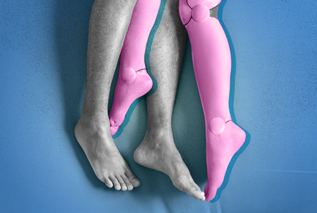 grayscale human legs intertwined with pink jointed robot legs on blue background