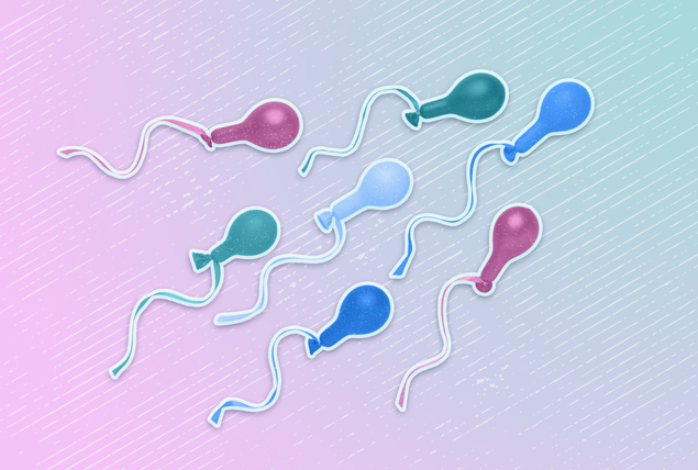 multicolored deflated balloons with strings resembling sperms on pink and green gradient background