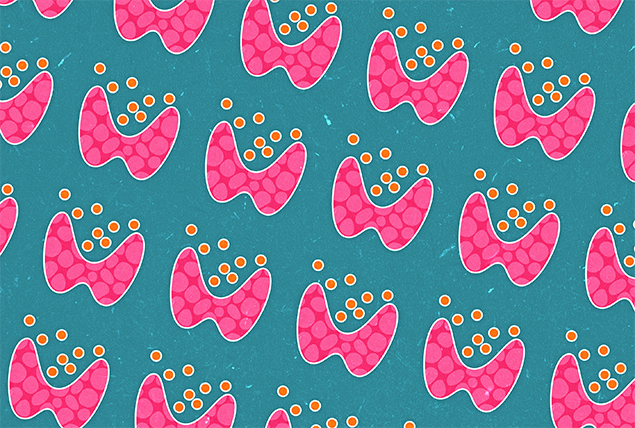 pink thyroid glands with orange dots on teal blue background