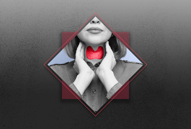gray scale woman's thoart with exposed red thyroid gland inside diamond on grayscale background 