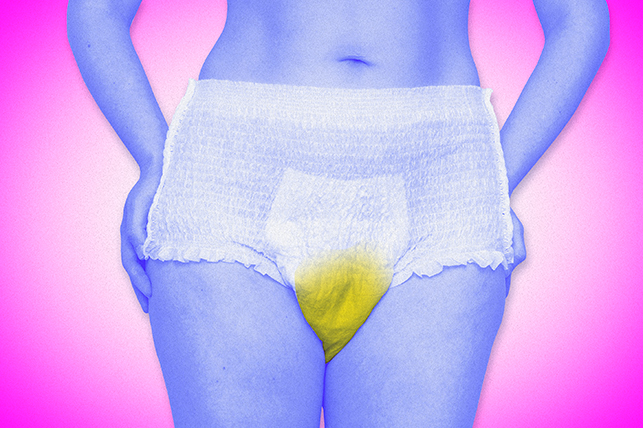 purple pelvic region of woman with adult diaper with yellow spot on front