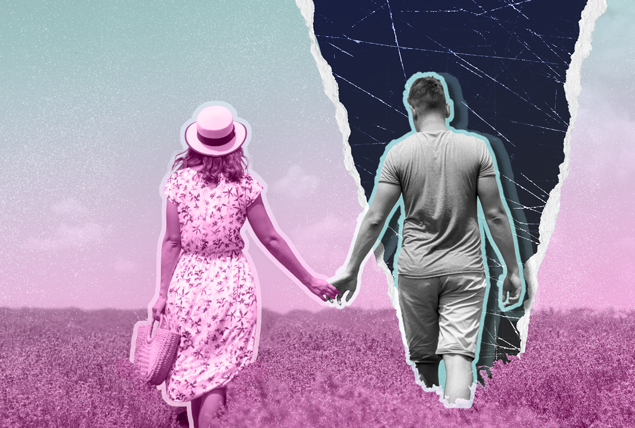 pink tinted field with pink woman holding hands with grayscale man with sky ripped open with dark navy wedge
