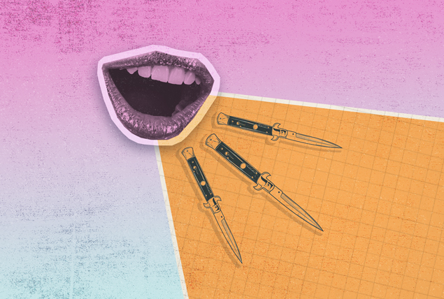 mouth open with orange light from it with switchblades on pink and blue gradient background